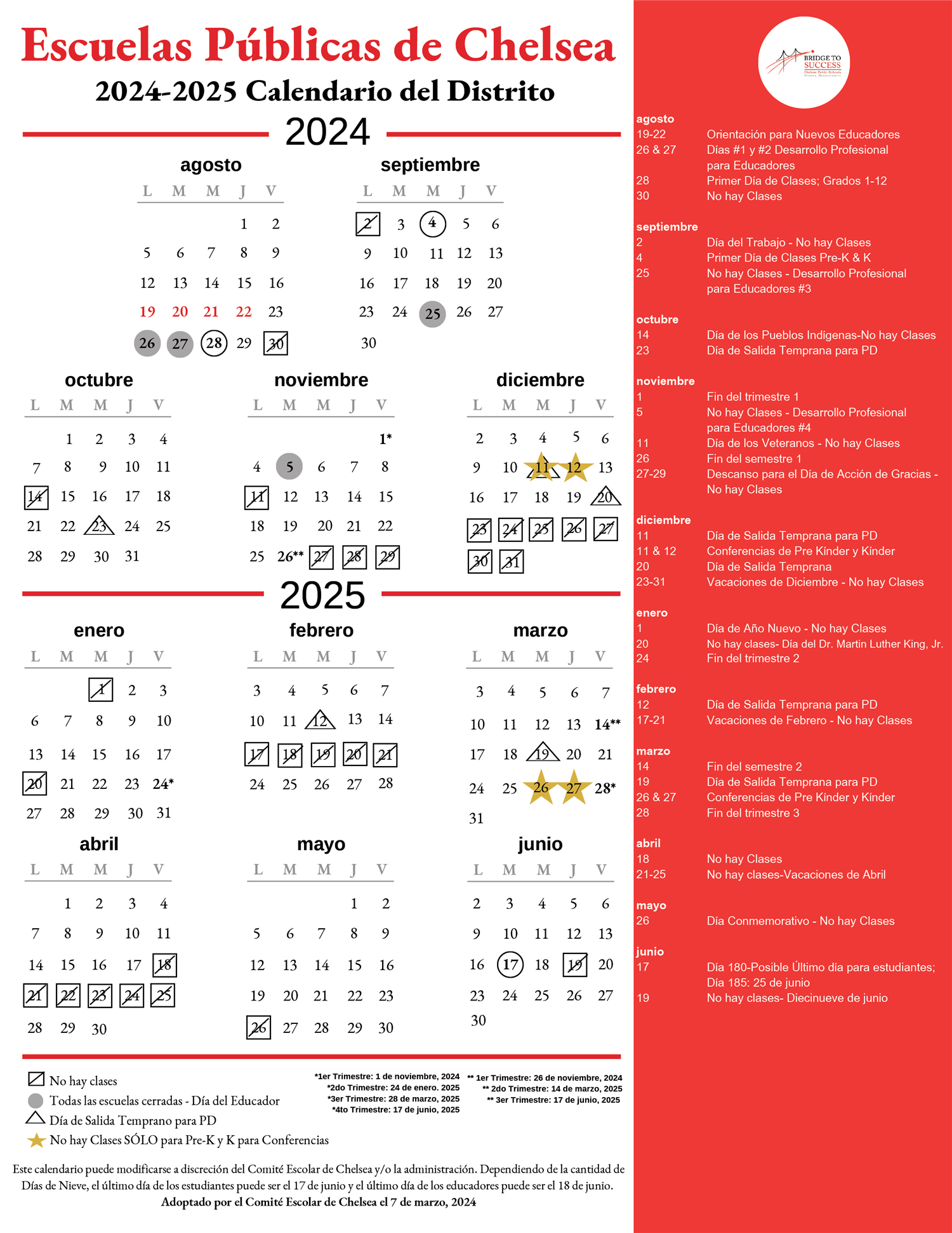 2024-25 Chelsea Public Schools Calendar in Spanish
